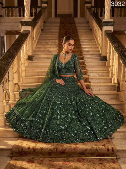 Green Pure Net Monochrome Sequins Bugle Beads Resham Thread Work Net Bridal Lehenga Choli