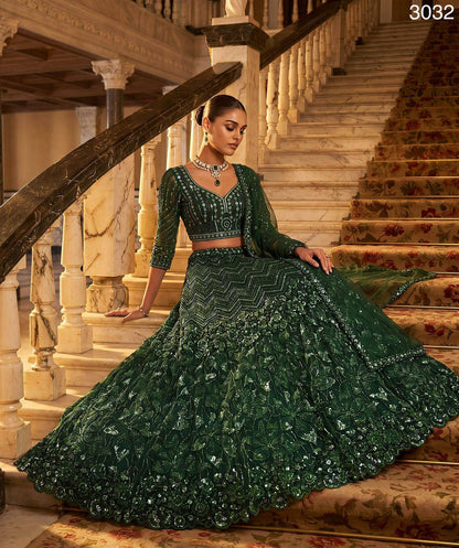 Green Pure Net Monochrome Sequins Bugle Beads Resham Thread Work Net Bridal Lehenga Choli