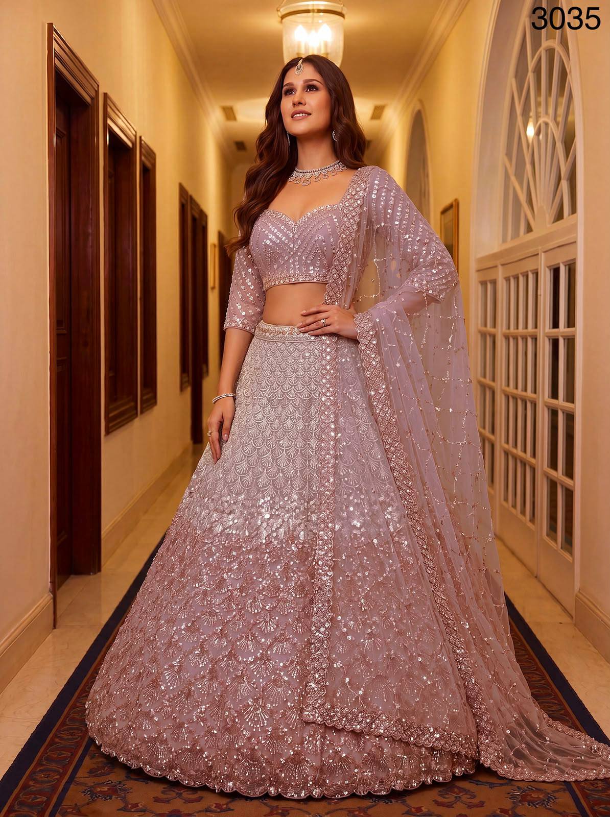 Pink Pure Heavy Net Sequins Sequins Zari Embroidery Work Net Bridal Lehenga Choli