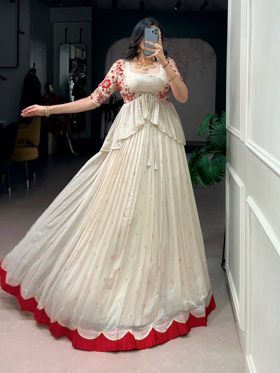 Off White Chocolate Silk Sequins and Thread Embroidery Work Co ord Lehenga Set