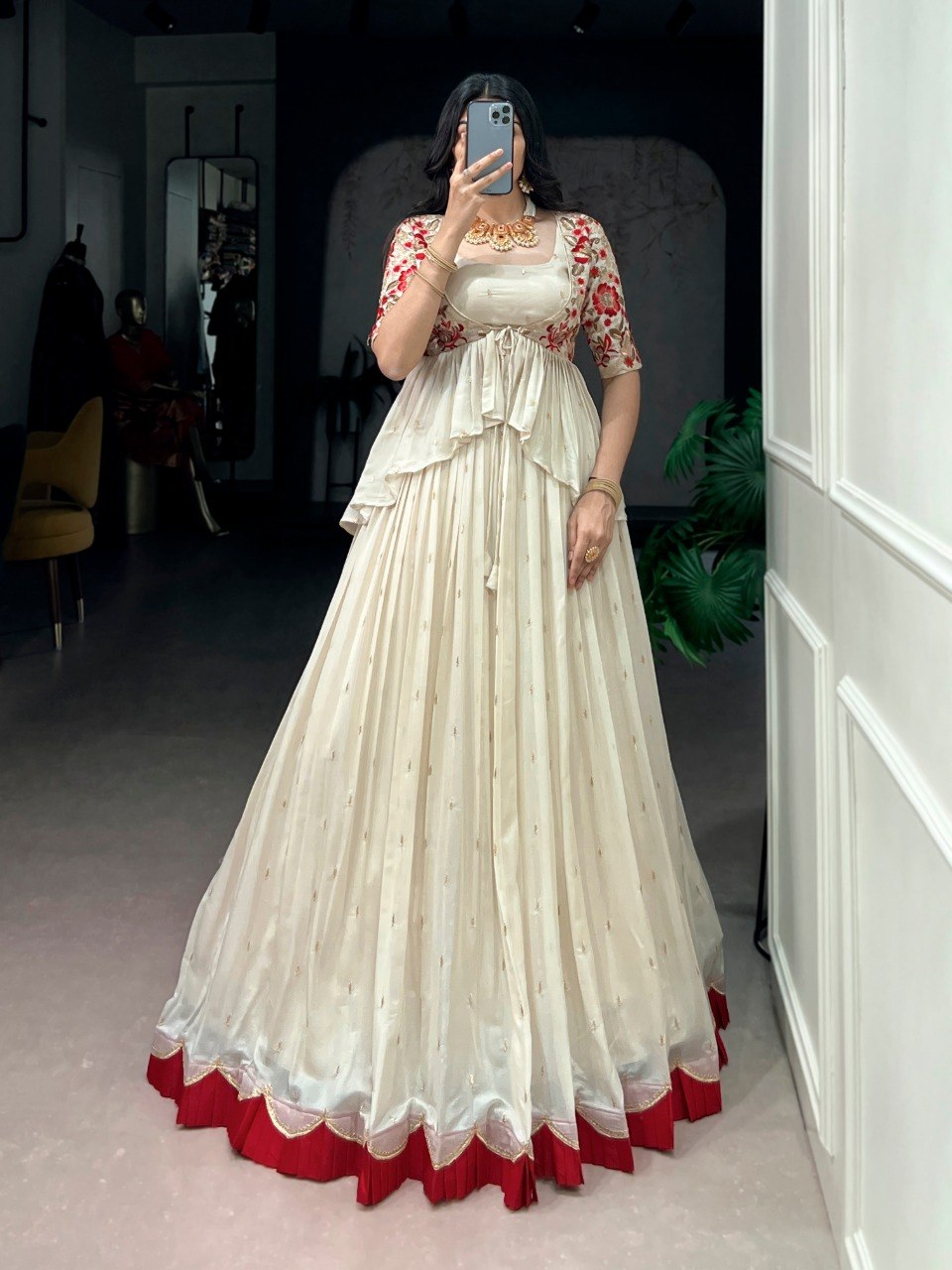 Off White Chocolate Silk Sequins and Thread Embroidery Work Co ord Lehenga Set