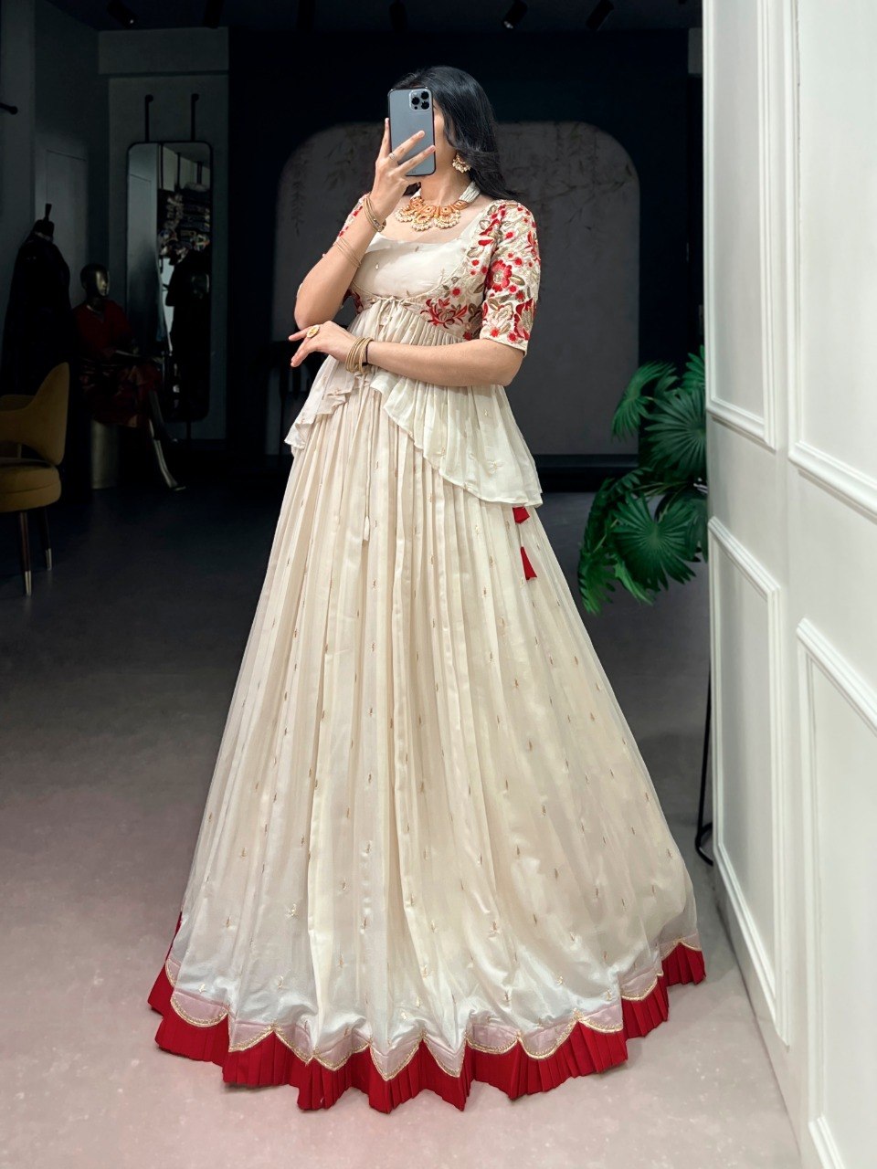 Off White Chocolate Silk Sequins and Thread Embroidery Work Co ord Lehenga Set