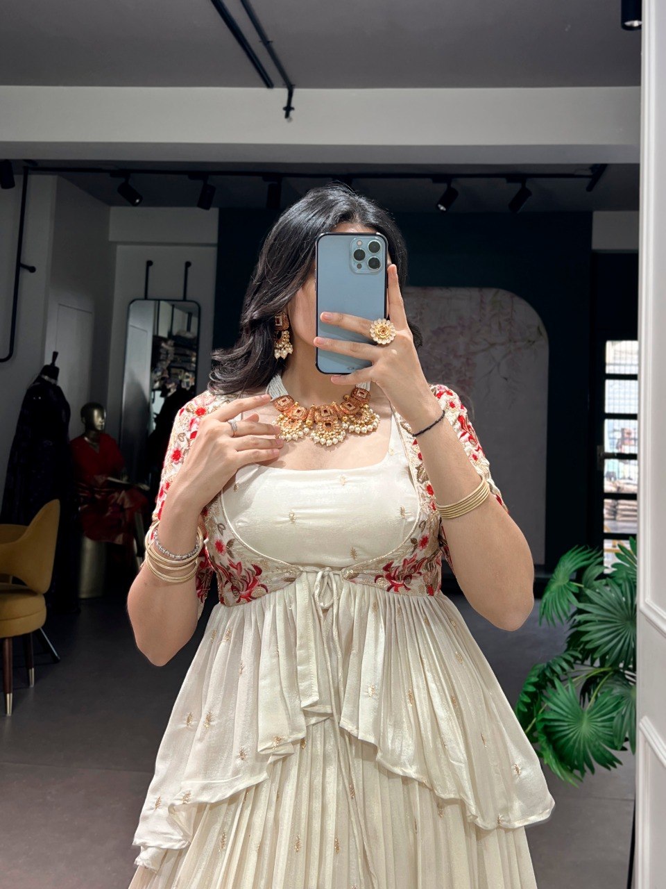 Off White Chocolate Silk Sequins and Thread Embroidery Work Co ord Lehenga Set