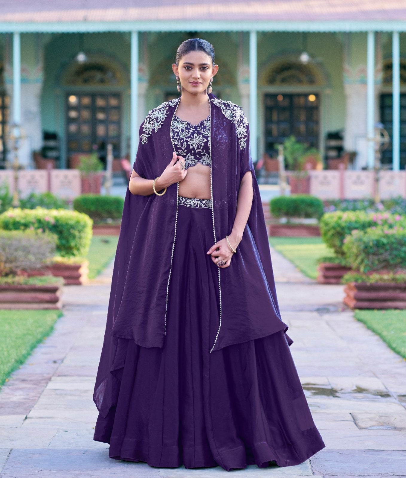 Purple Fendi Silk Beads &amp; Sequins and Thread Embroidery Work Co ord Lehenga Set