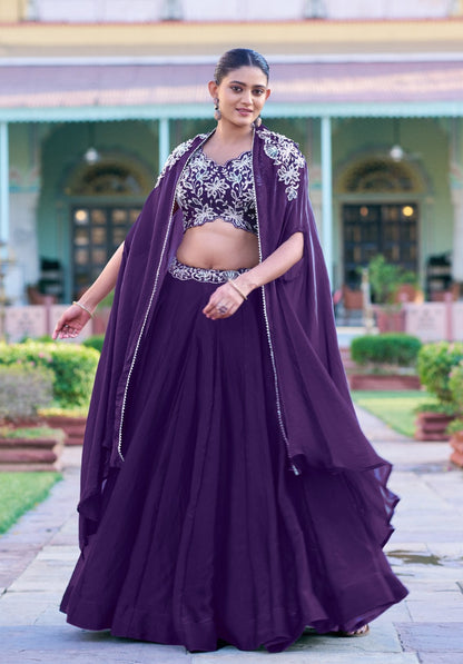 Purple Fendi Silk Beads &amp; Sequins and Thread Embroidery Work Co ord Lehenga Set