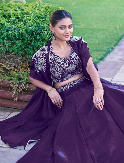 Purple Fendi Silk Beads &amp; Sequins and Thread Embroidery Work Co ord Lehenga Set