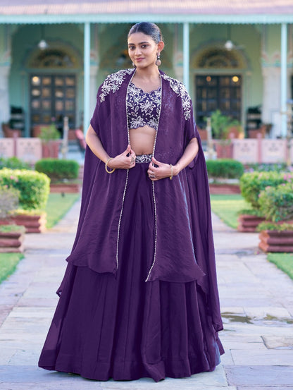 Purple Fendi Silk Beads &amp; Sequins and Thread Embroidery Work Co ord Lehenga Set