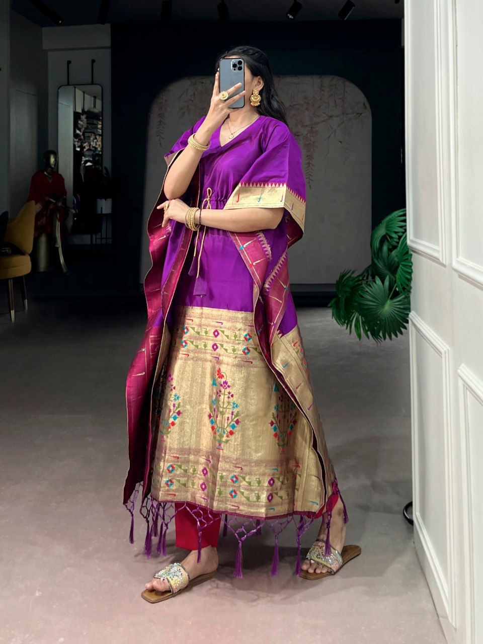Purple Pure Jacquard Paithani Zari Weaving Paithani Kaftan
