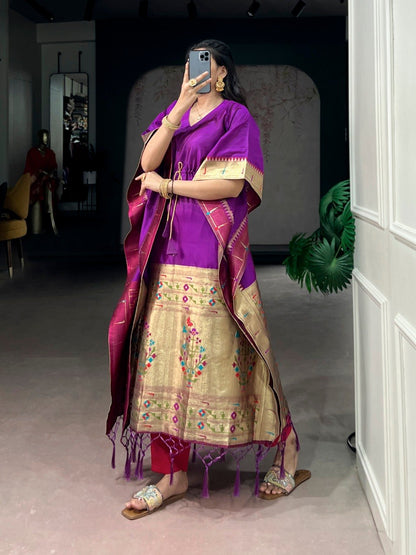 Purple Pure Jacquard Paithani Zari Weaving Paithani Kaftan
