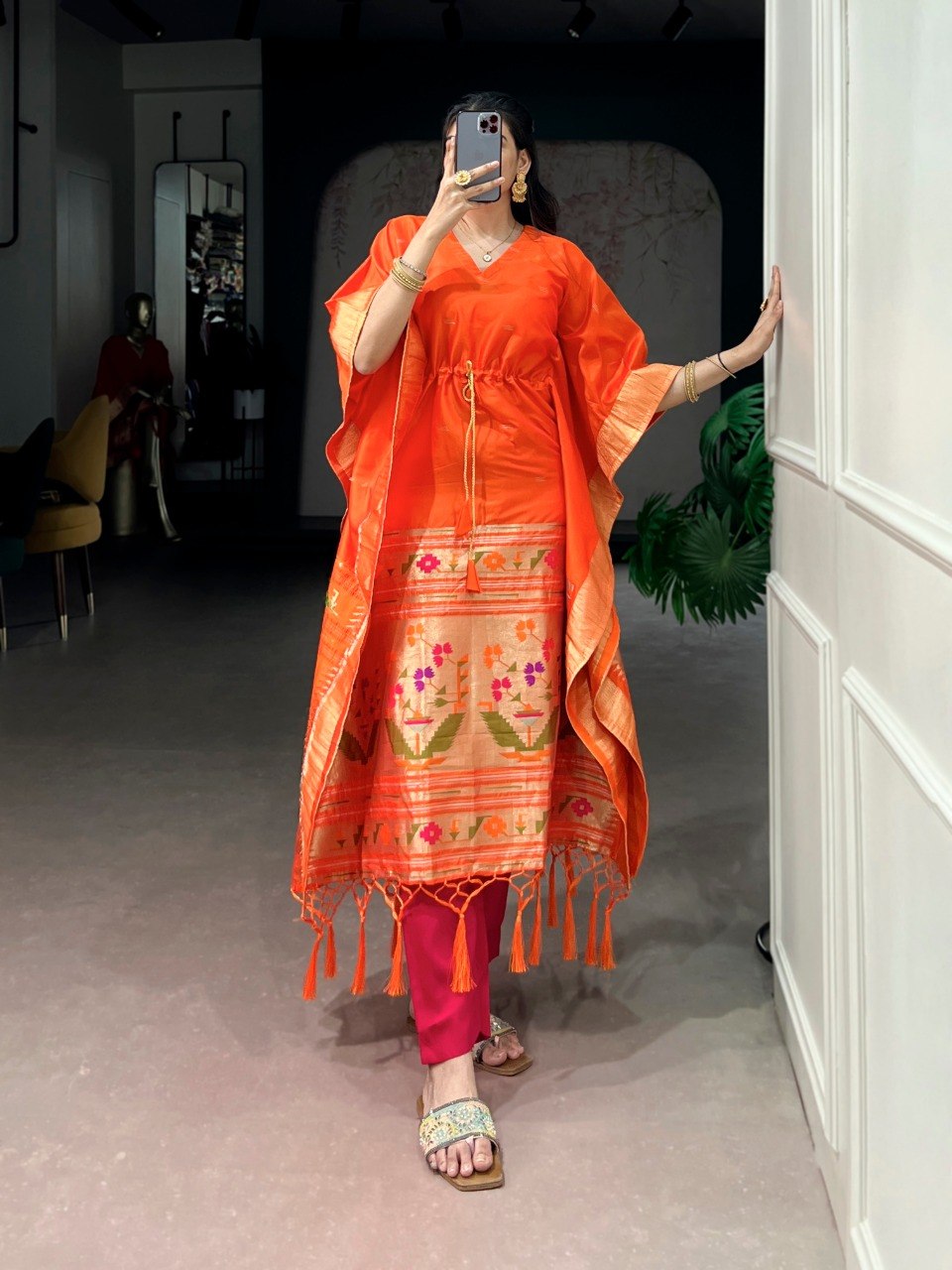 Orange Pure Jacquard Paithani Zari Weaving Paithani Kaftan