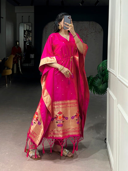 Pink Pure Jacquard Paithani Zari Weaving Paithani Kaftan
