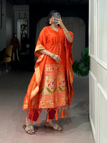 Orange Pure Jacquard Paithani Zari Weaving Paithani Kaftan