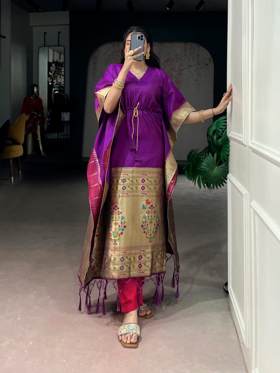 Purple Pure Jacquard Paithani Zari Weaving Paithani Kaftan