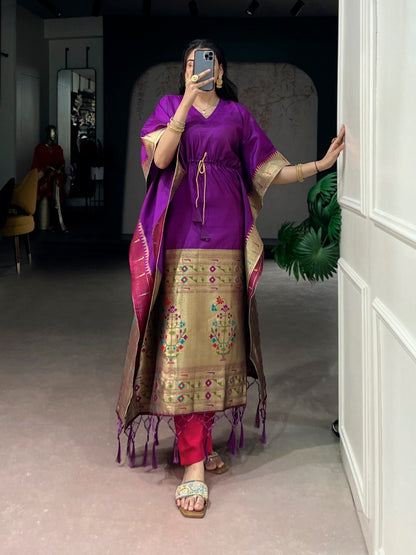 Purple Pure Jacquard Paithani Zari Weaving Paithani Kaftan