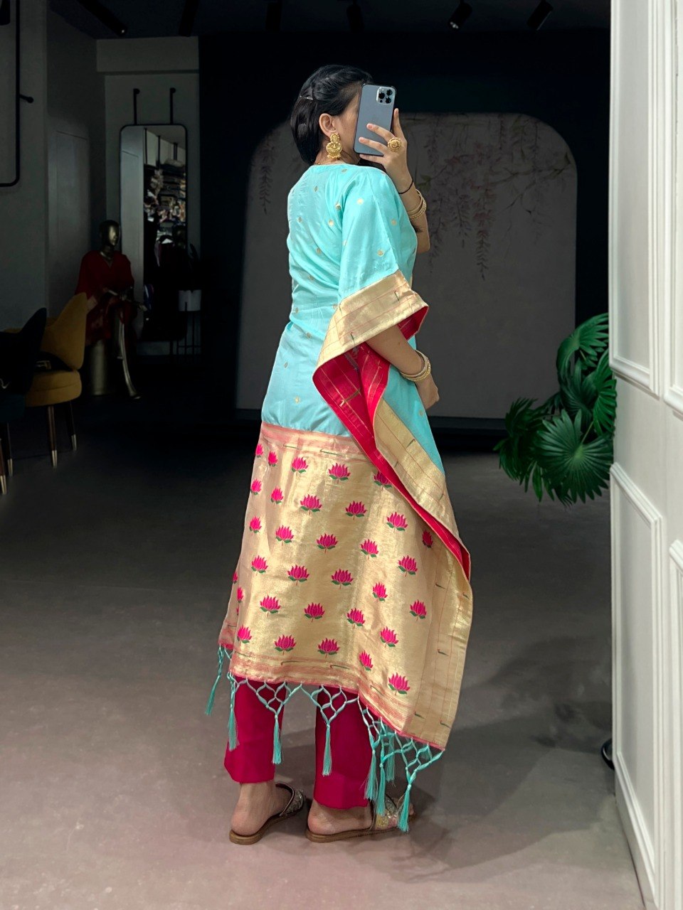 Sky Pure Jacquard Paithani Zari Weaving Paithani Kaftan