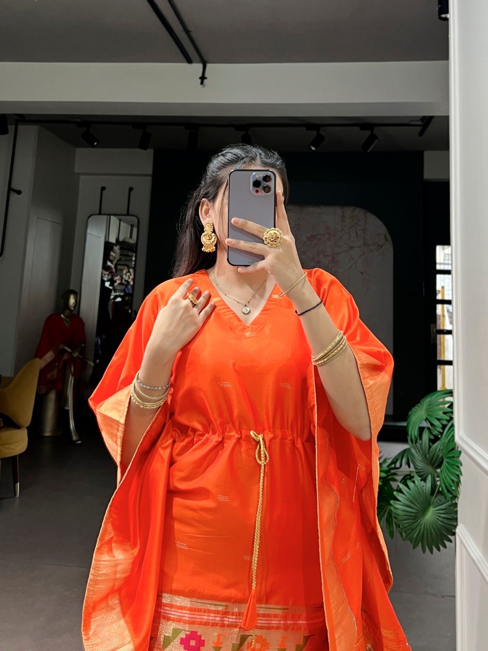 Orange Pure Jacquard Paithani Zari Weaving Paithani Kaftan