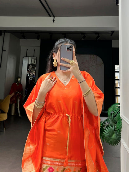 Orange Pure Jacquard Paithani Zari Weaving Paithani Kaftan
