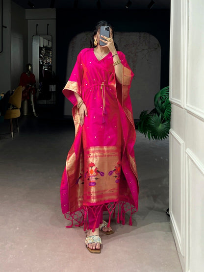Pink Pure Jacquard Paithani Zari Weaving Paithani Kaftan