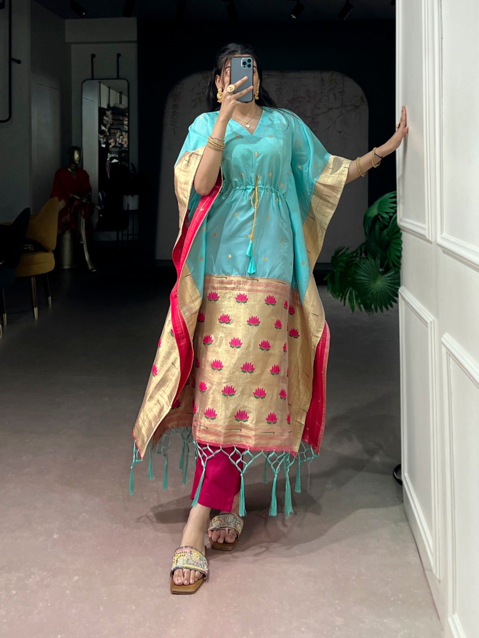 Sky Pure Jacquard Paithani Zari Weaving Paithani Kaftan