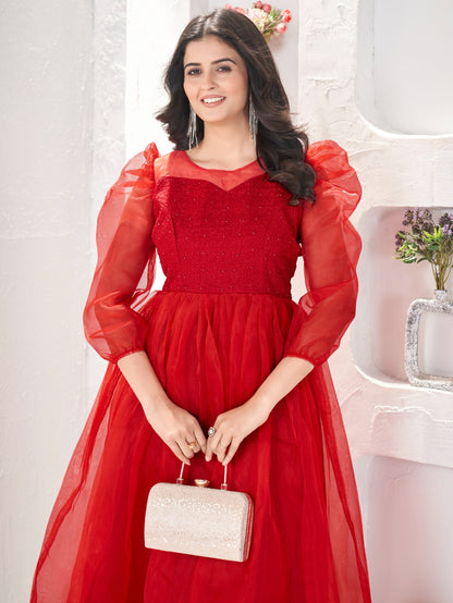 Red Pure Soft Organza Silk Western Dress