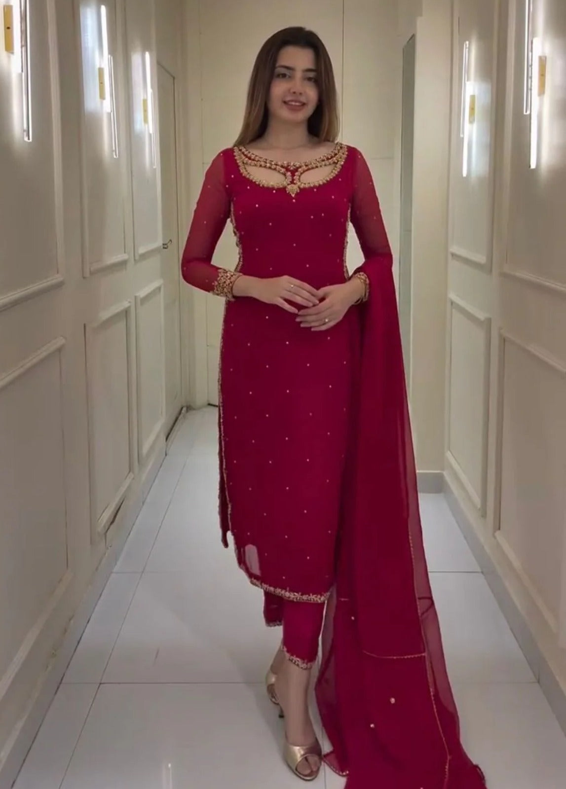 Red Pure Soft Georgette Long Kurti Pent With Dupatta