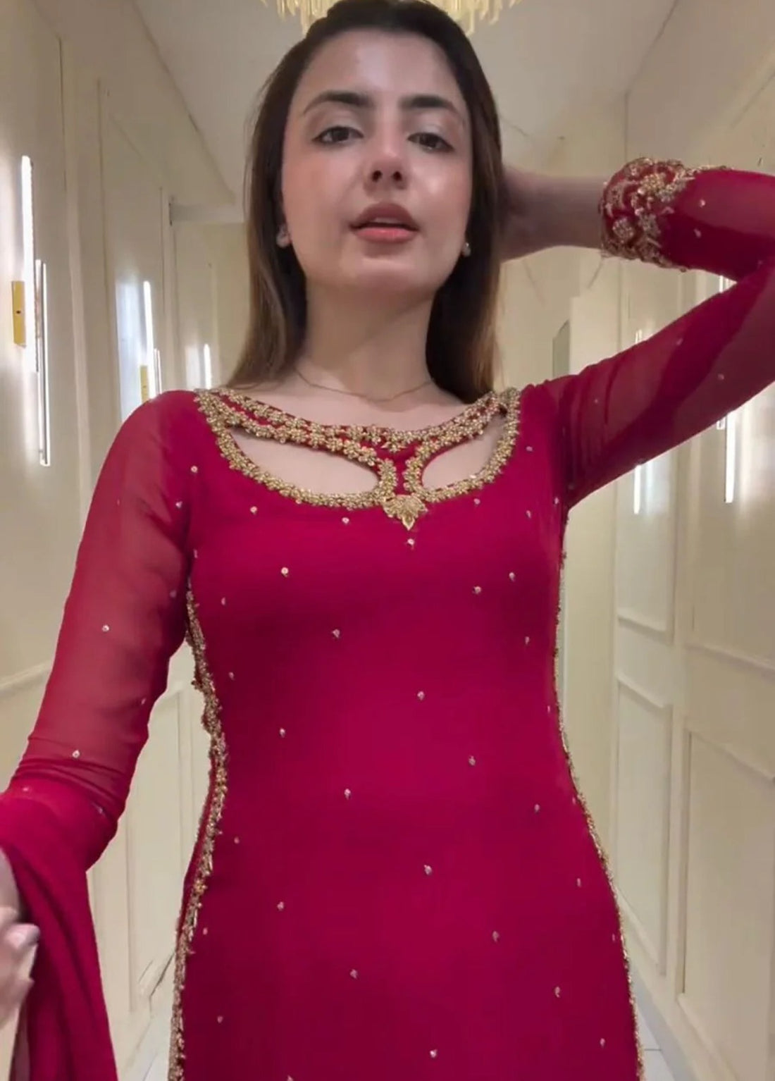 Red Pure Soft Georgette Long Kurti Pent With Dupatta