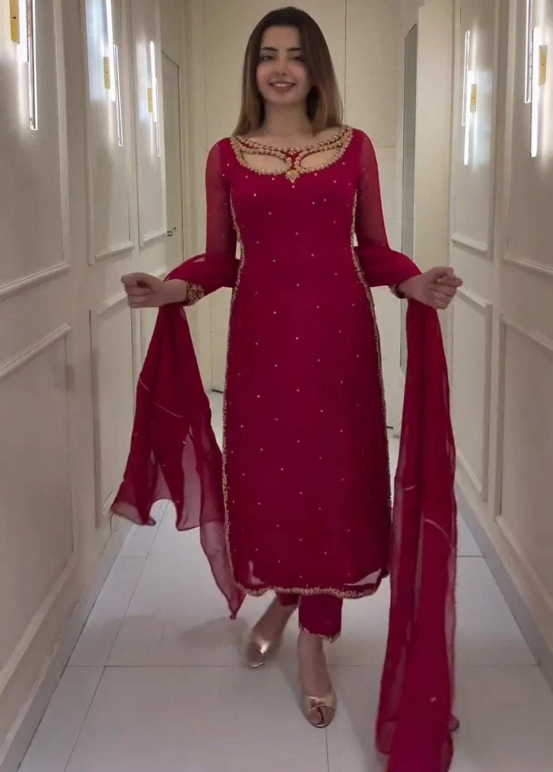 Red Pure Soft Georgette Long Kurti Pent With Dupatta