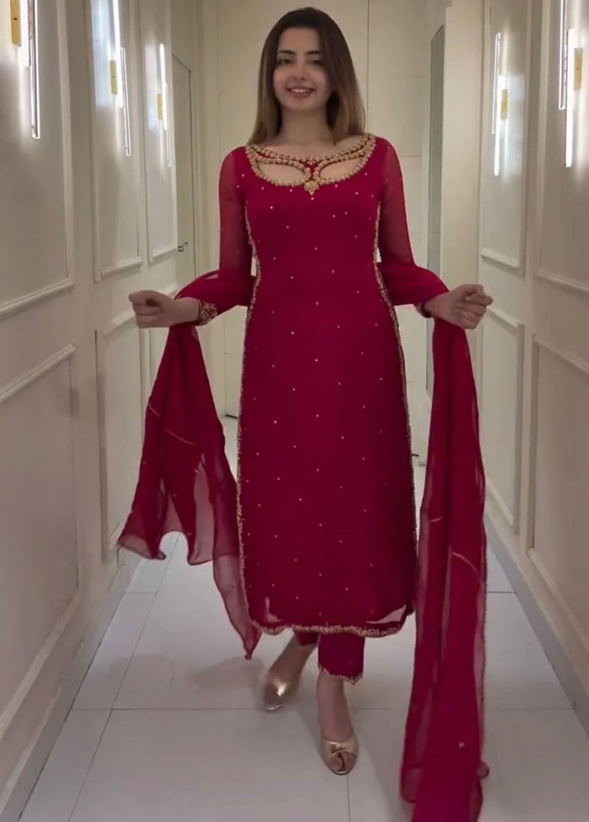 Red Pure Soft Georgette Long Kurti Pent With Dupatta
