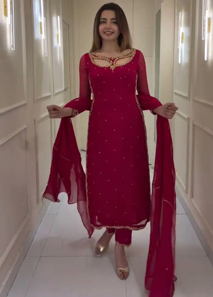 Red Pure Soft Georgette Long Kurti Pent With Dupatta