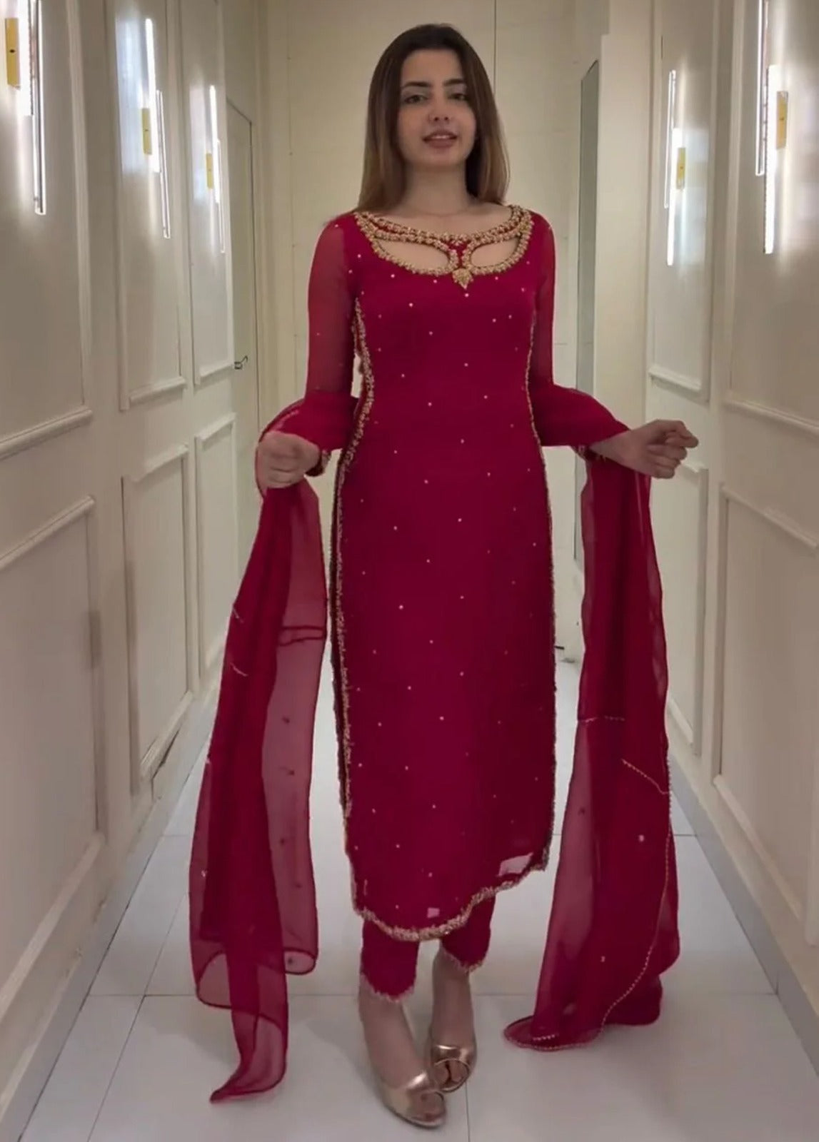 Red Pure Soft Georgette Long Kurti Pent With Dupatta