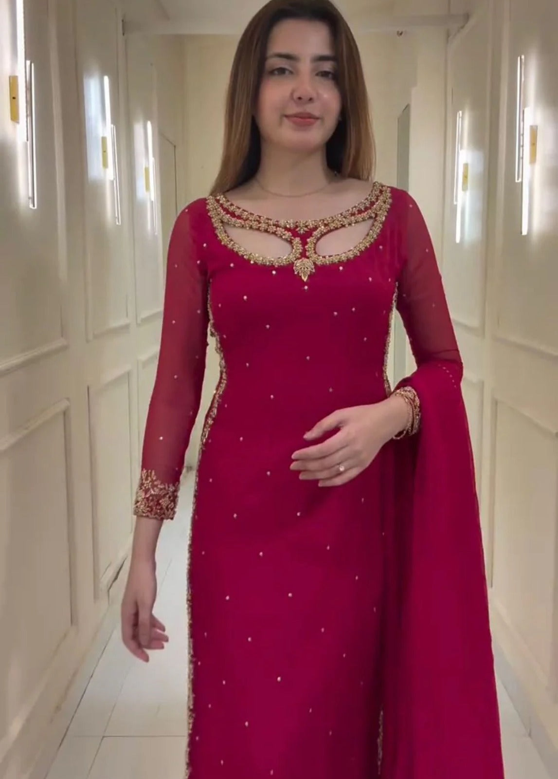 Red Pure Soft Georgette Long Kurti Pent With Dupatta