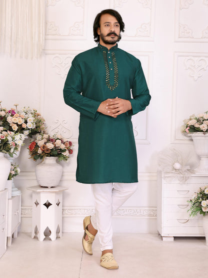 Green Pure Dola Silk Saree With Silky Kurta Pajama Jacket Matching Couple Combo Set