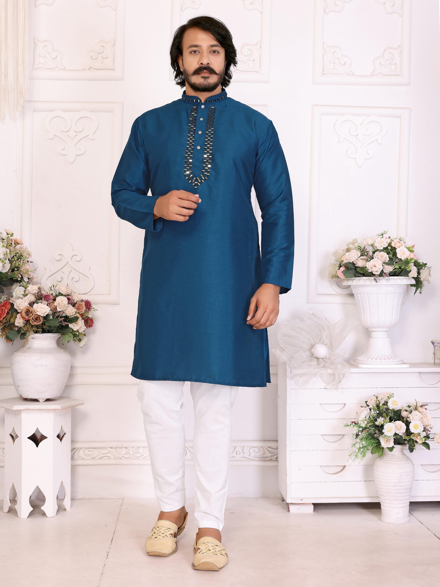 Blue Pure Dola Silk Saree With Silky Kurta Pajama Jacket Matching Couple Combo Set