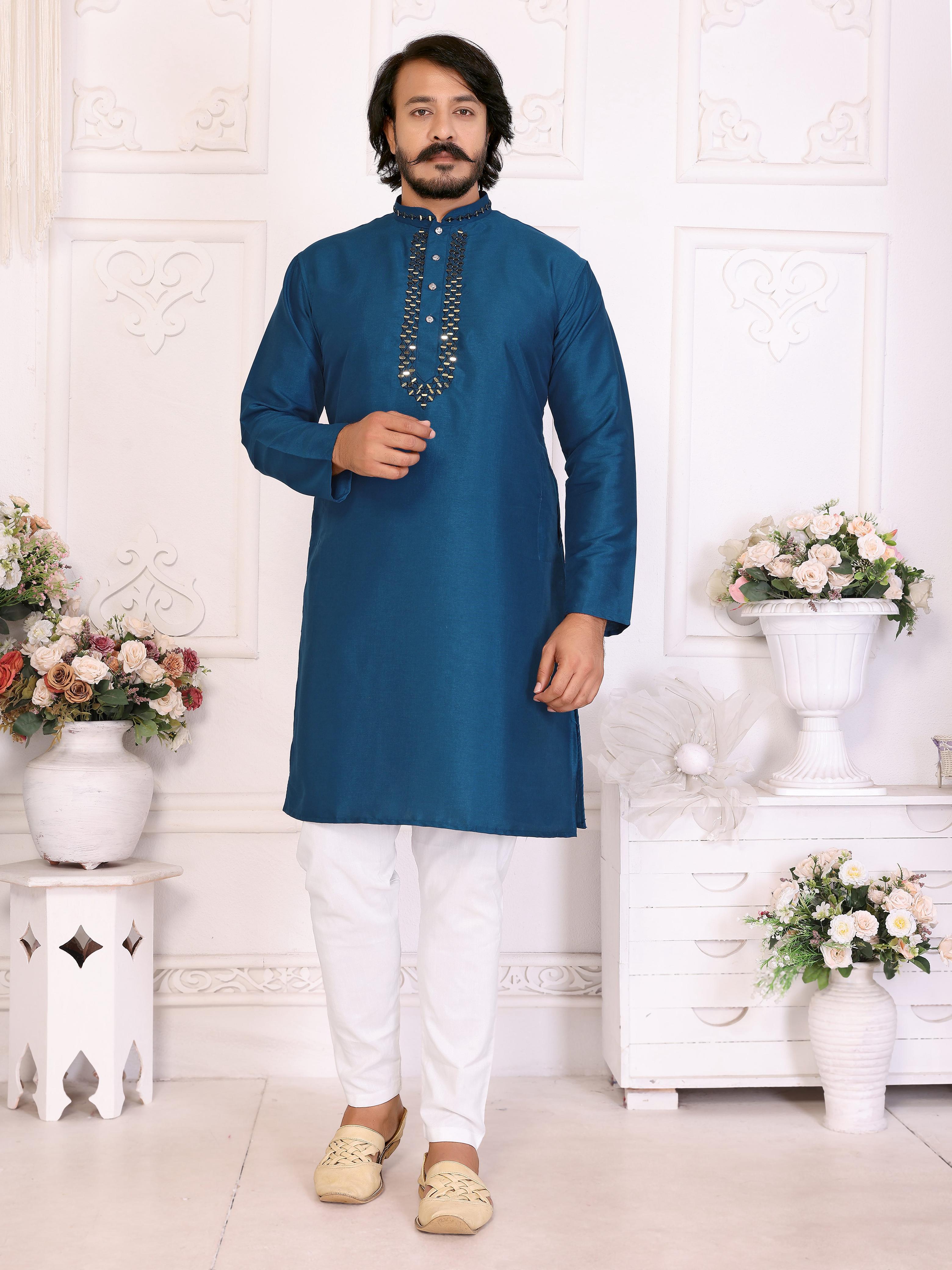 Blue Pure Dola Silk Saree With Silky Kurta Pajama Jacket Matching Couple Combo Set