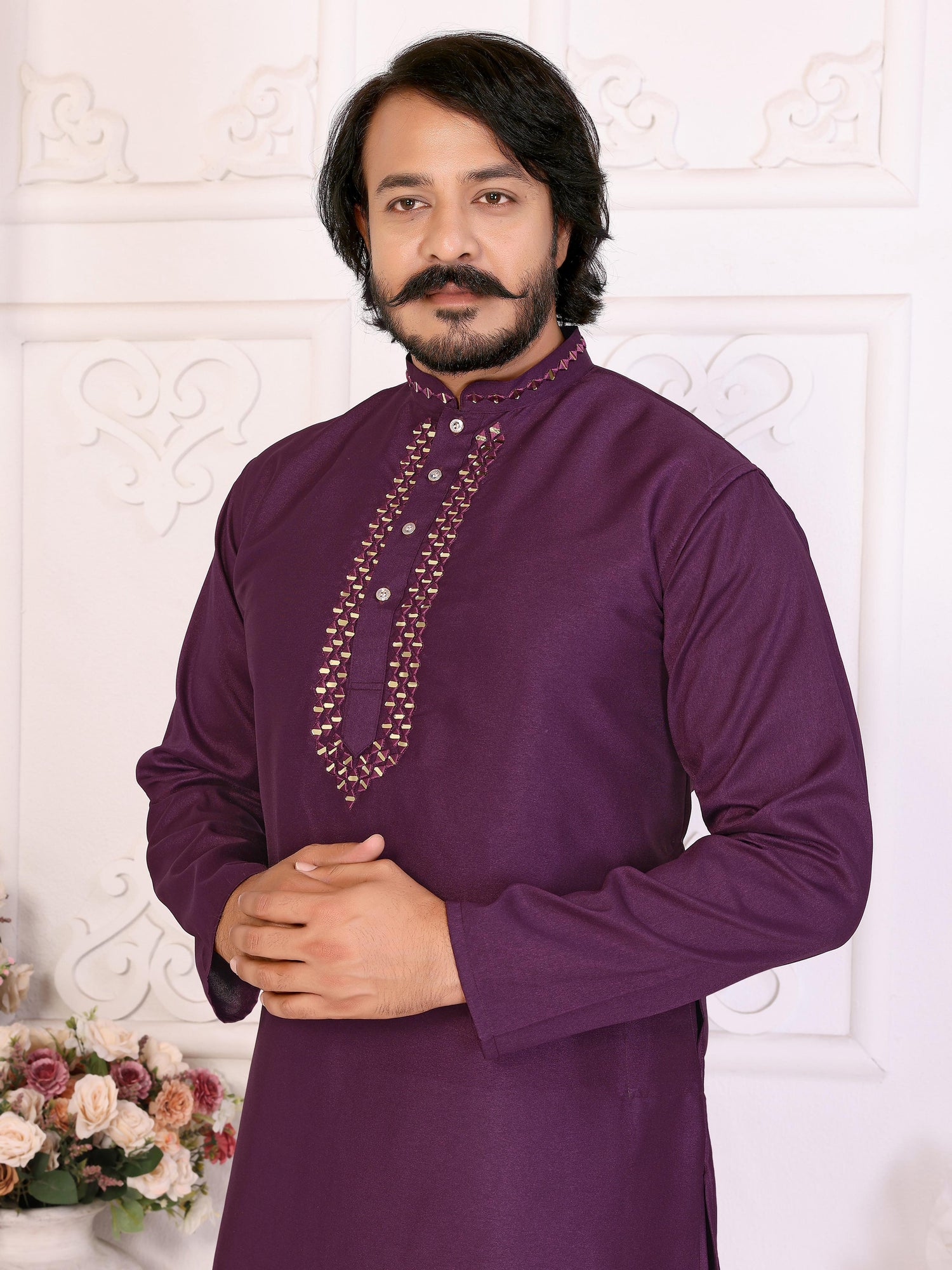 Purple Pure Dola Silk Saree With Silky Kurta Pajama Jacket Matching Couple Combo Set