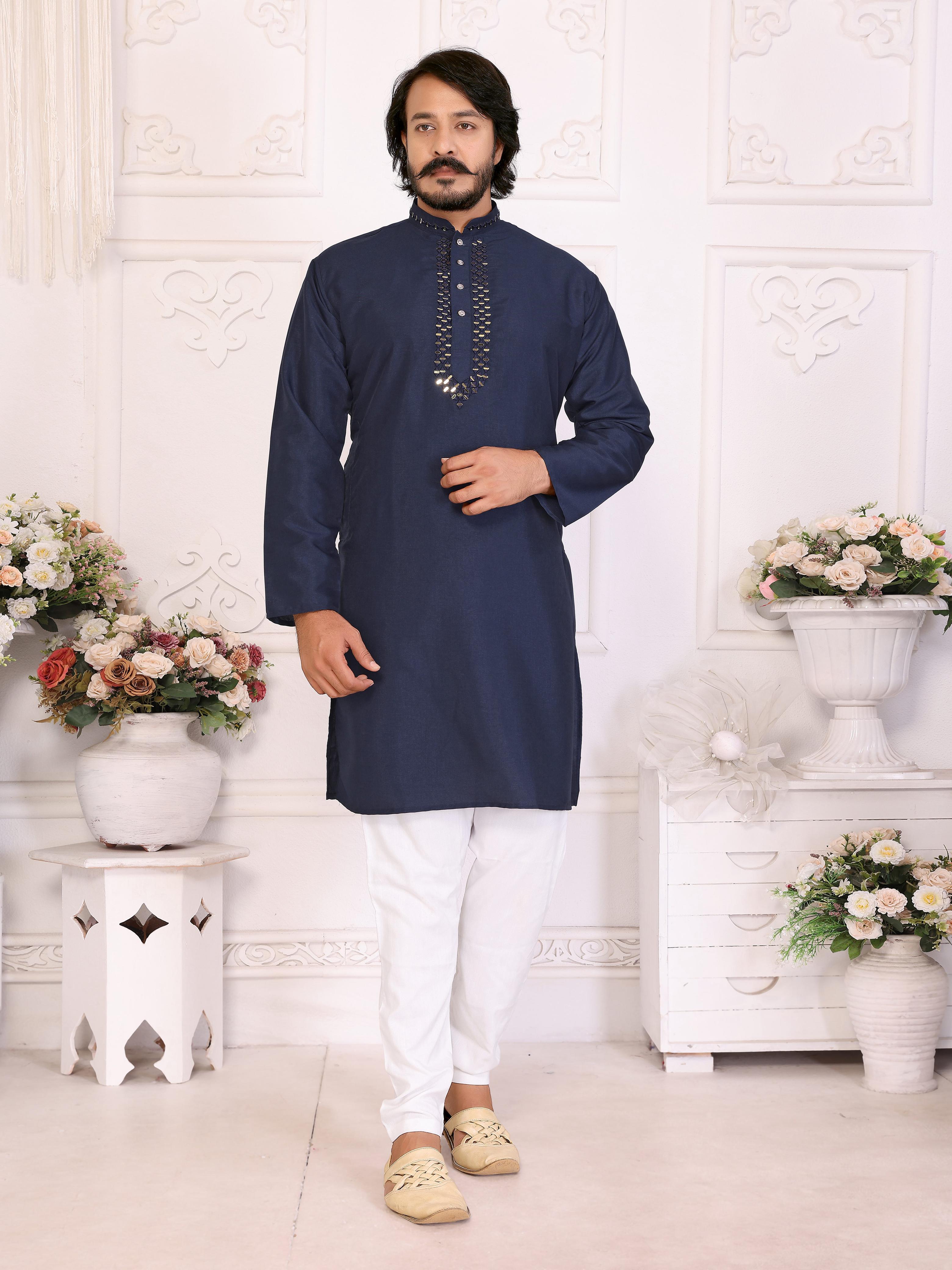 Navy Blue Pure Dola Silk Saree With Silky Kurta Pajama Jacket Matching Couple Combo Set