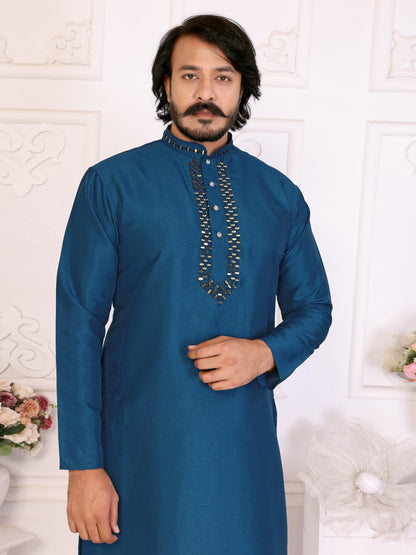 Blue Pure Dola Silk Saree With Silky Kurta Pajama Jacket Matching Couple Combo Set