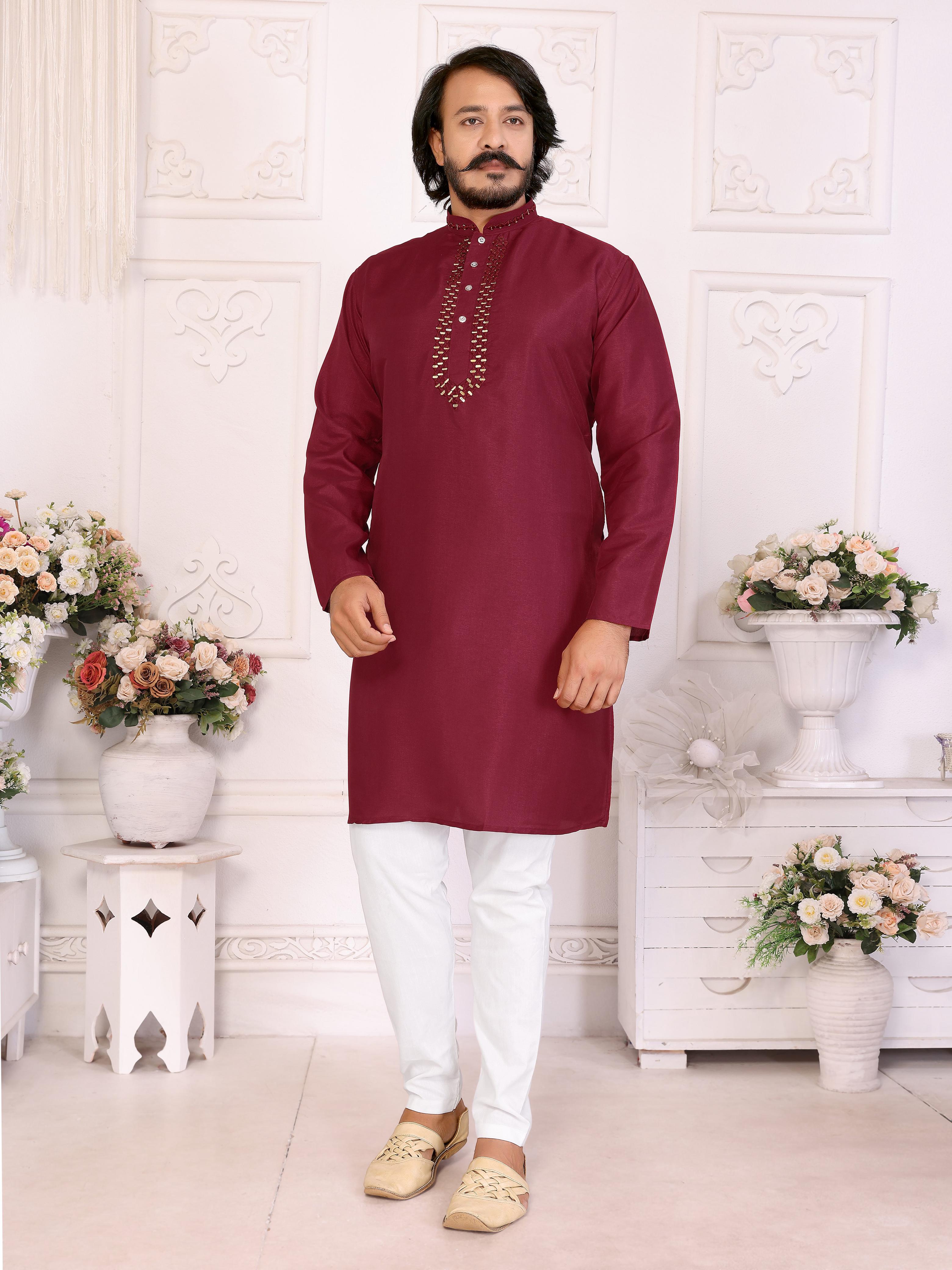 Red Pure Dola Silk Saree With Silky Kurta Pajama Jacket Matching Couple Combo Set