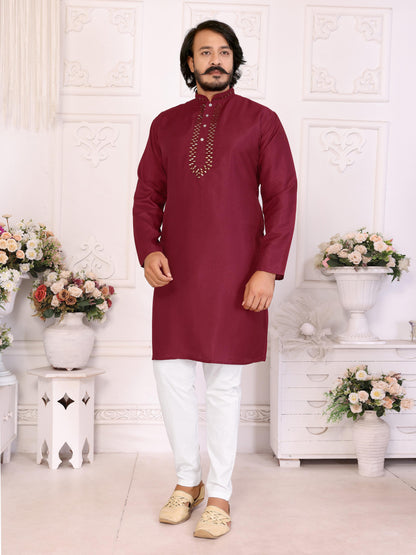 Red Pure Dola Silk Saree With Silky Kurta Pajama Jacket Matching Couple Combo Set