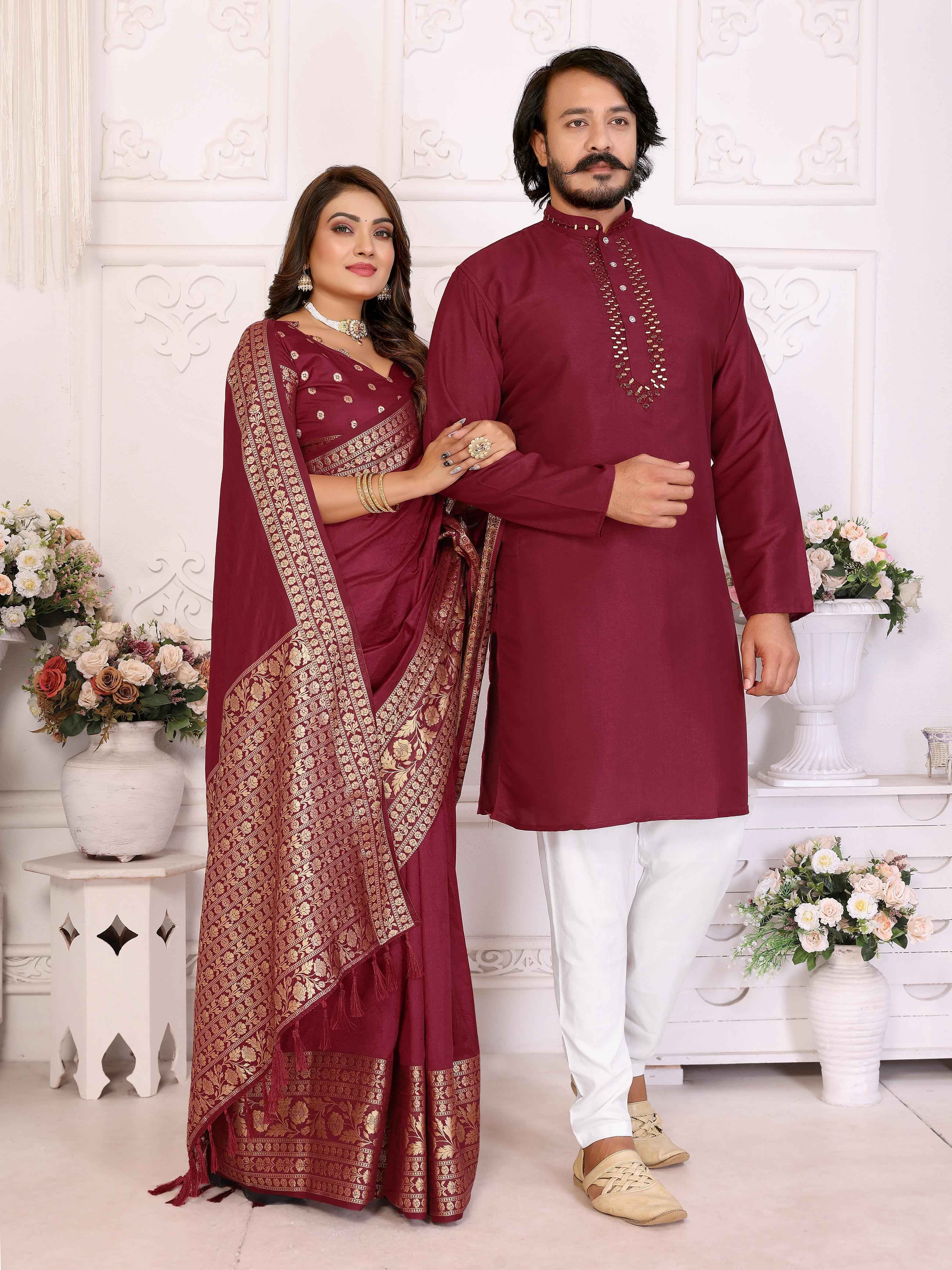 Red Pure Dola Silk Saree With Silky Kurta Pajama Jacket Matching Couple Combo Set