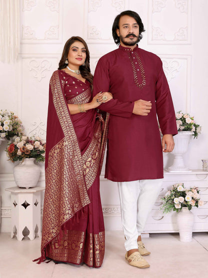 Red Pure Dola Silk Saree With Silky Kurta Pajama Jacket Matching Couple Combo Set