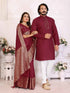 Red Pure Dola Silk Saree With Silky Kurta Pajama Jacket Matching Couple Combo Set