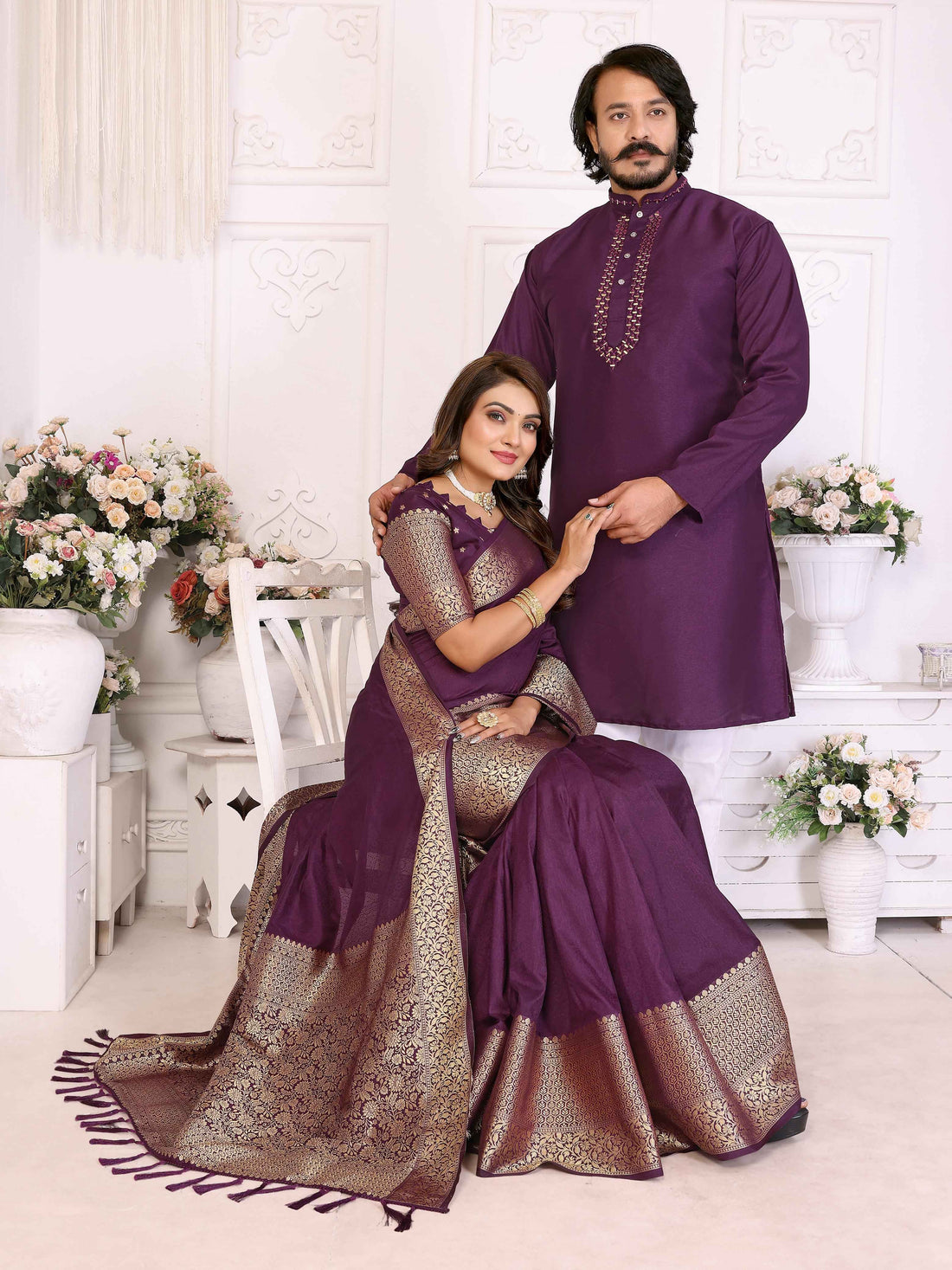 Purple Pure Dola Silk Saree With Silky Kurta Pajama Jacket Matching Couple Combo Set