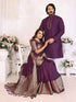 Purple Pure Dola Silk Saree With Silky Kurta Pajama Jacket Matching Couple Combo Set