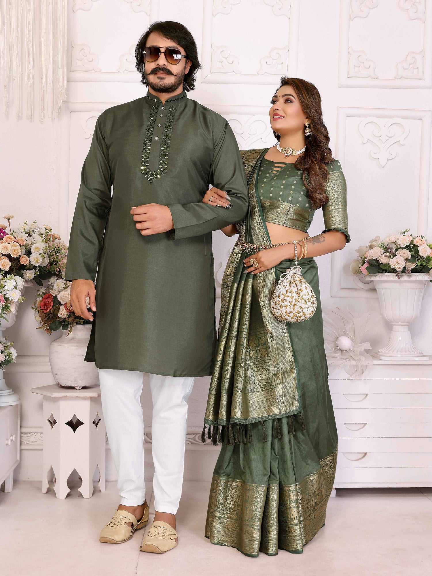 Mahendi Pure Dola Silk Saree With Silky Kurta Pajama Jacket Matching Couple Combo Set