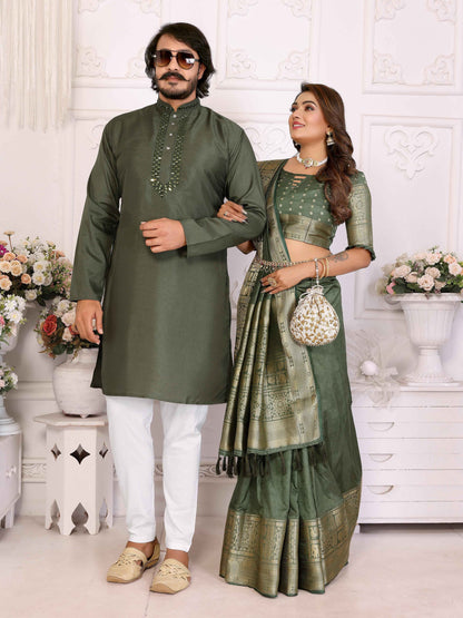 Mahendi Pure Dola Silk Saree With Silky Kurta Pajama Jacket Matching Couple Combo Set