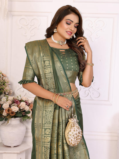 Mahendi Pure Dola Silk Saree With Silky Kurta Pajama Jacket Matching Couple Combo Set