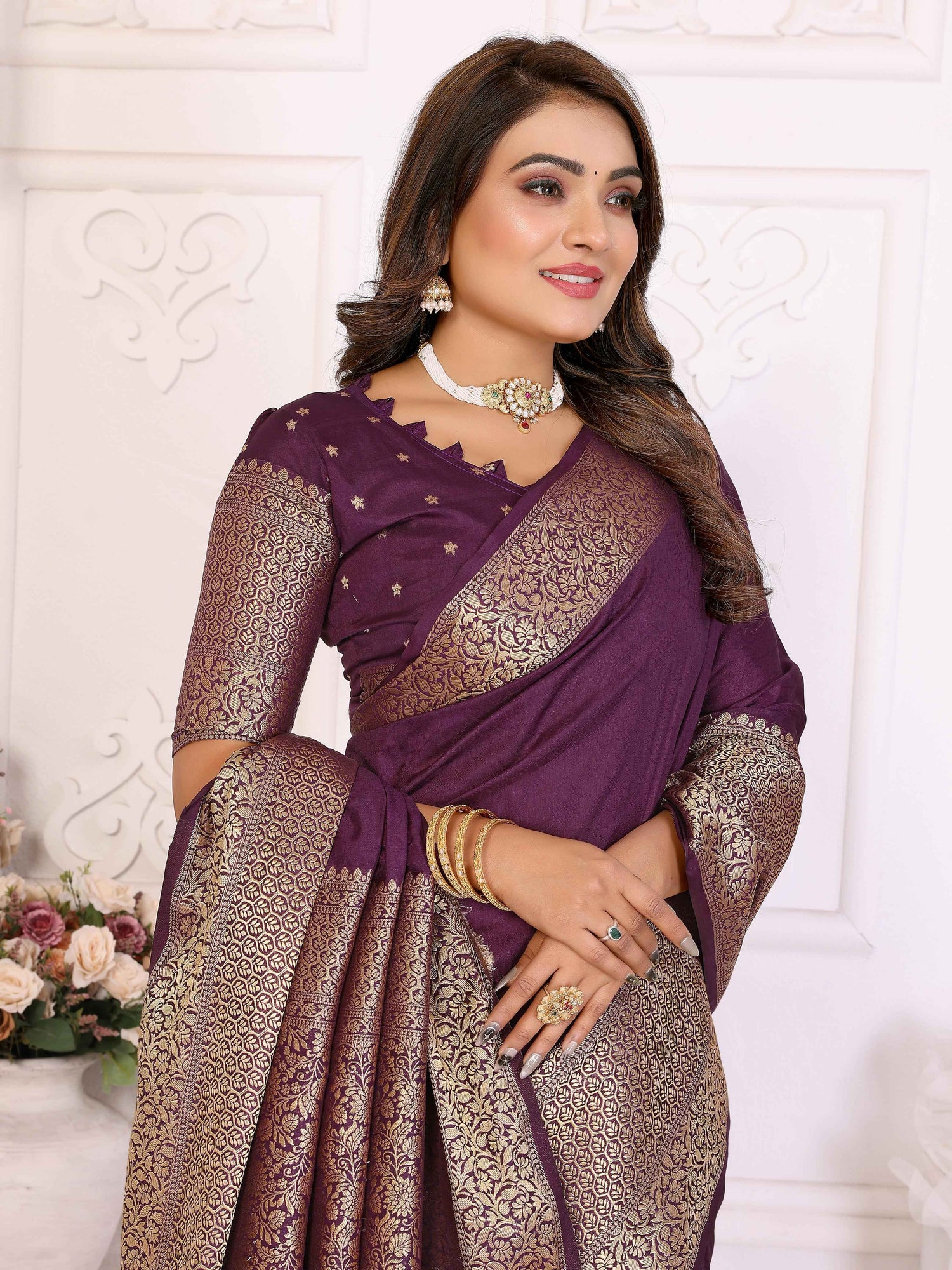 Purple Pure Dola Silk Saree With Silky Kurta Pajama Jacket Matching Couple Combo Set