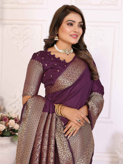 Purple Pure Dola Silk Saree With Silky Kurta Pajama Jacket Matching Couple Combo Set