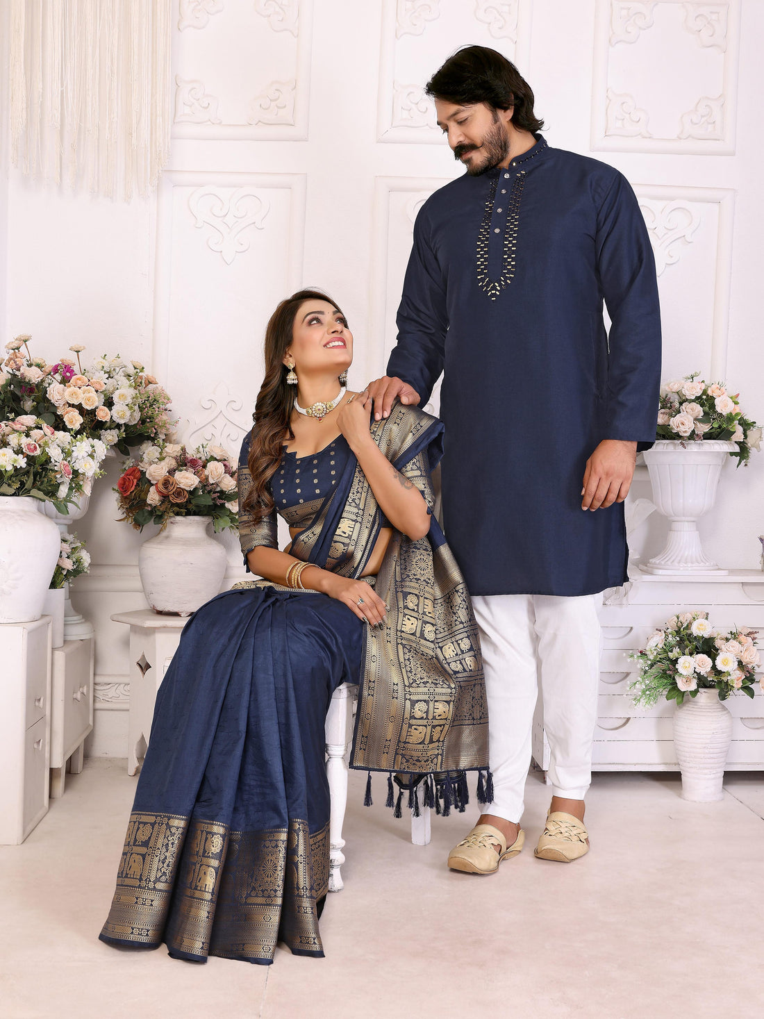 Navy Blue Pure Dola Silk Saree With Silky Kurta Pajama Jacket Matching Couple Combo Set